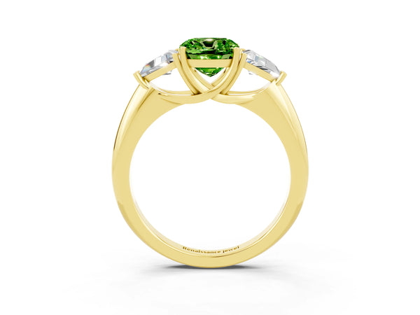 Yellow gold Three-Stone Cushion Cut Cut Diamond Ring with Trillion Side Stones and Four-Prong Setting