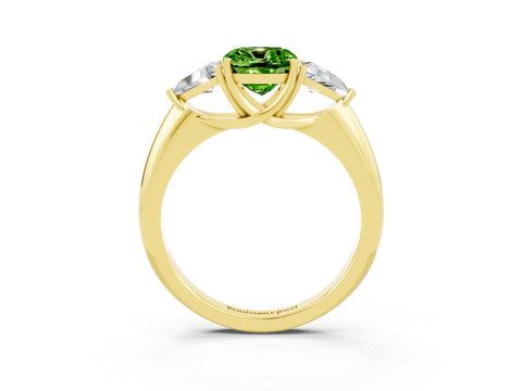 Yellow gold Three-Stone Cushion Cut Cut Diamond Ring with Trillion Side Stones and Four-Prong Setting_3