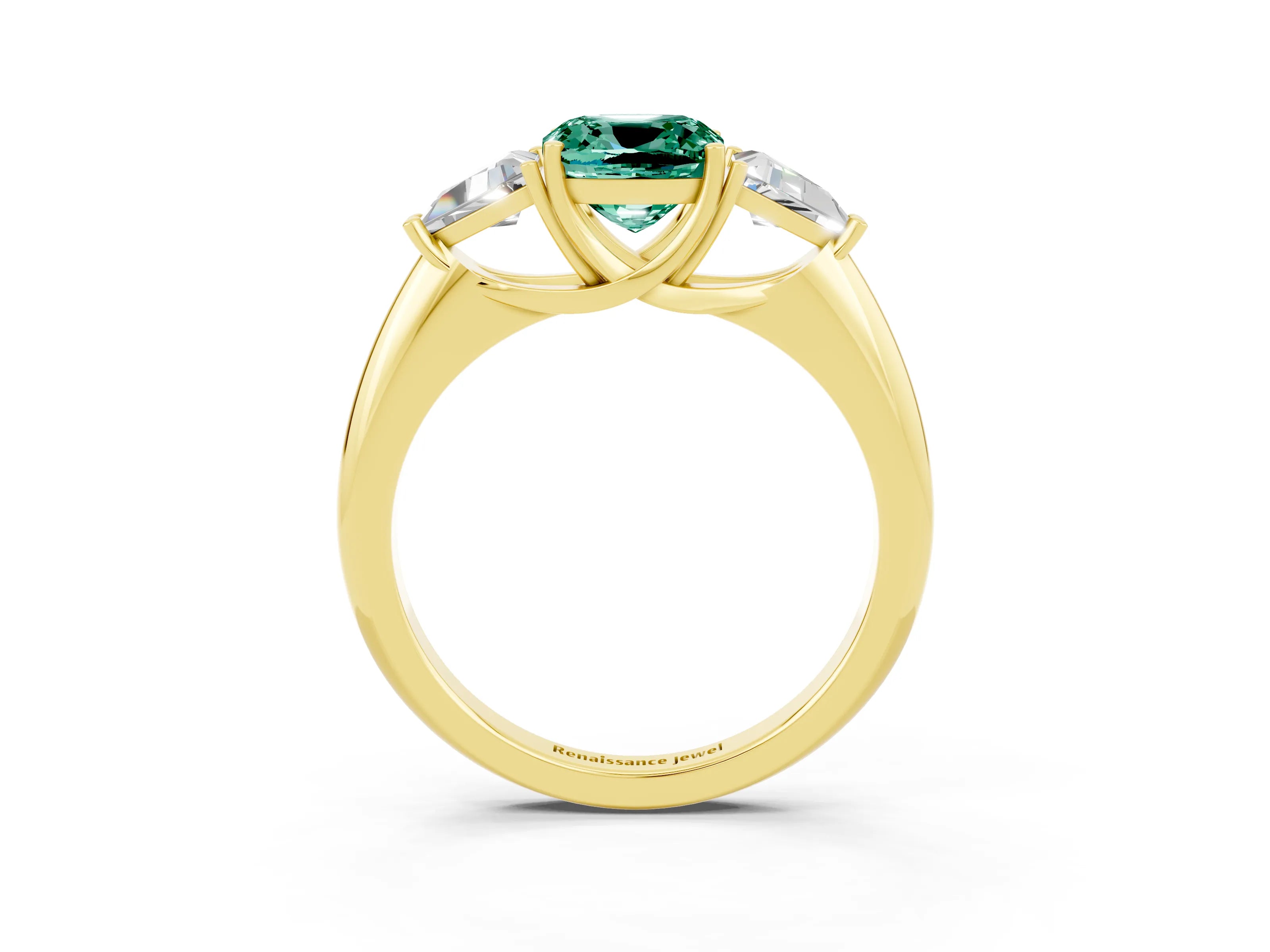 Yellow gold Three-Stone Cushion Cut Cut Diamond Ring with Trillion Side Stones and Four-Prong Setting_3
