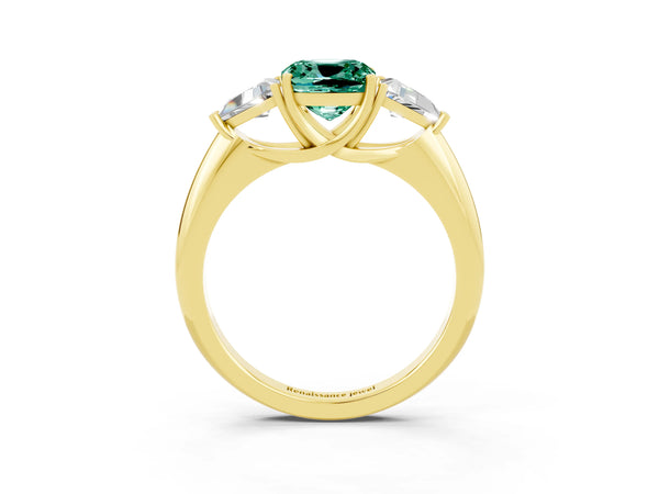 Yellow gold Three-Stone Cushion Cut Cut Diamond Ring with Trillion Side Stones and Four-Prong Setting