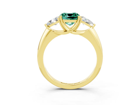 Yellow gold Three-Stone Cushion Cut Cut Diamond Ring with Trillion Side Stones and Four-Prong Setting_3
