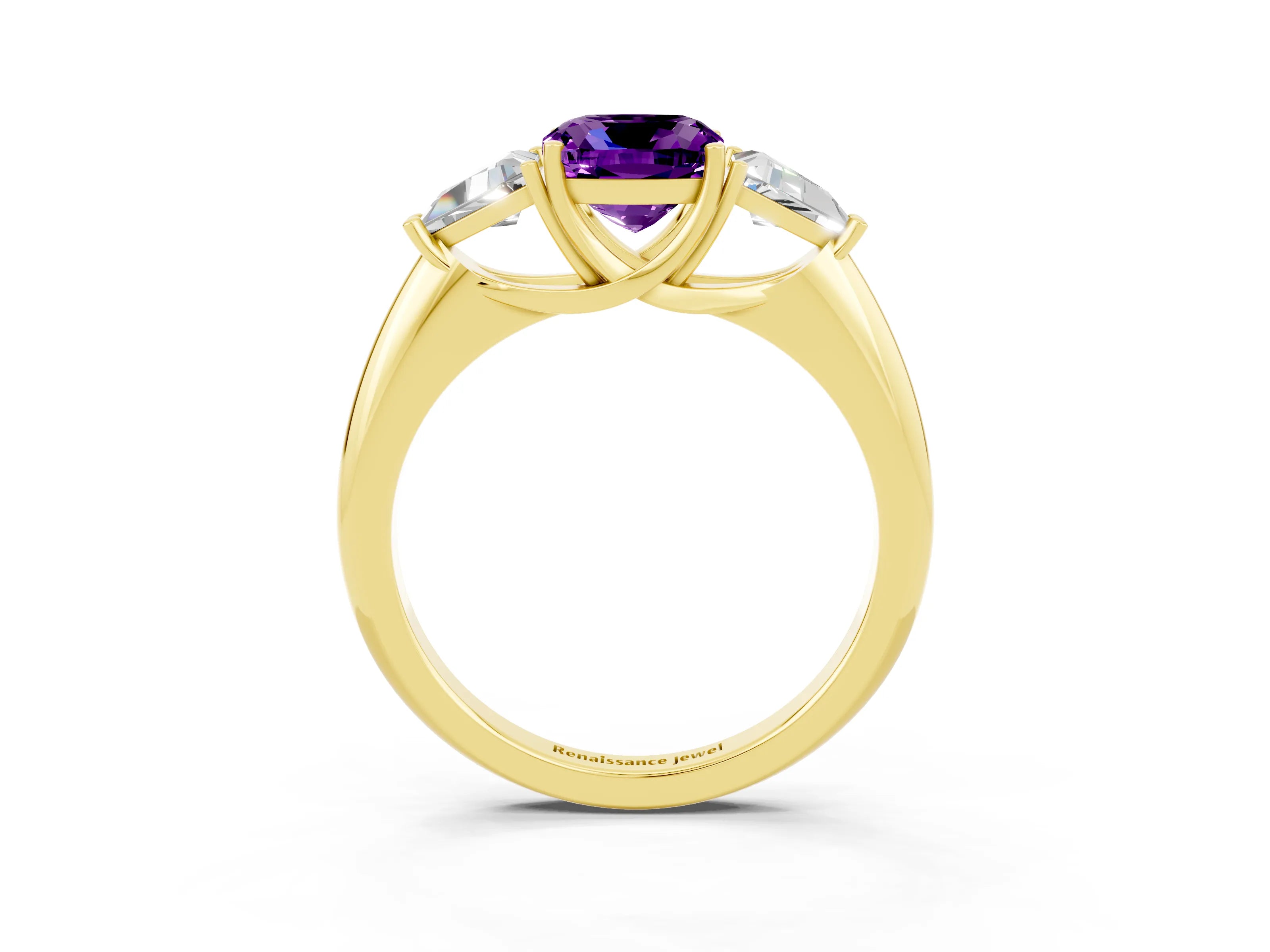 Yellow gold Three-Stone Cushion Cut Cut Diamond Ring with Trillion Side Stones and Four-Prong Setting_3