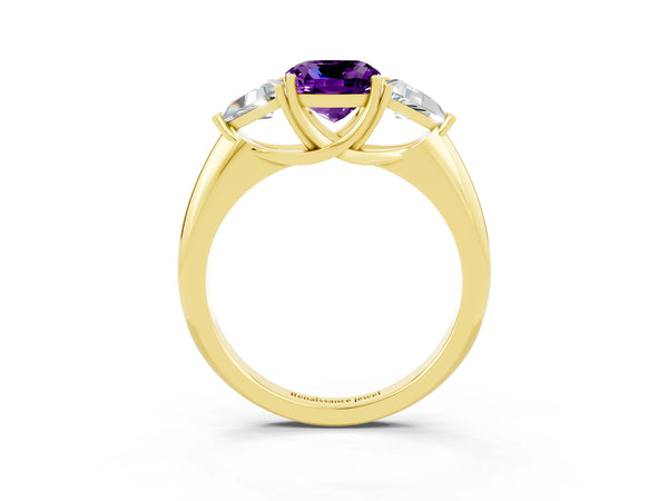 Yellow gold Three-Stone Cushion Cut Amethyst Engagement Ring with Trillion Side Stones and Prong Setting
