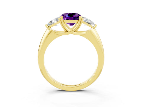 Yellow gold Three-Stone Cushion Cut Cut Diamond Ring with Trillion Side Stones and Four-Prong Setting_3