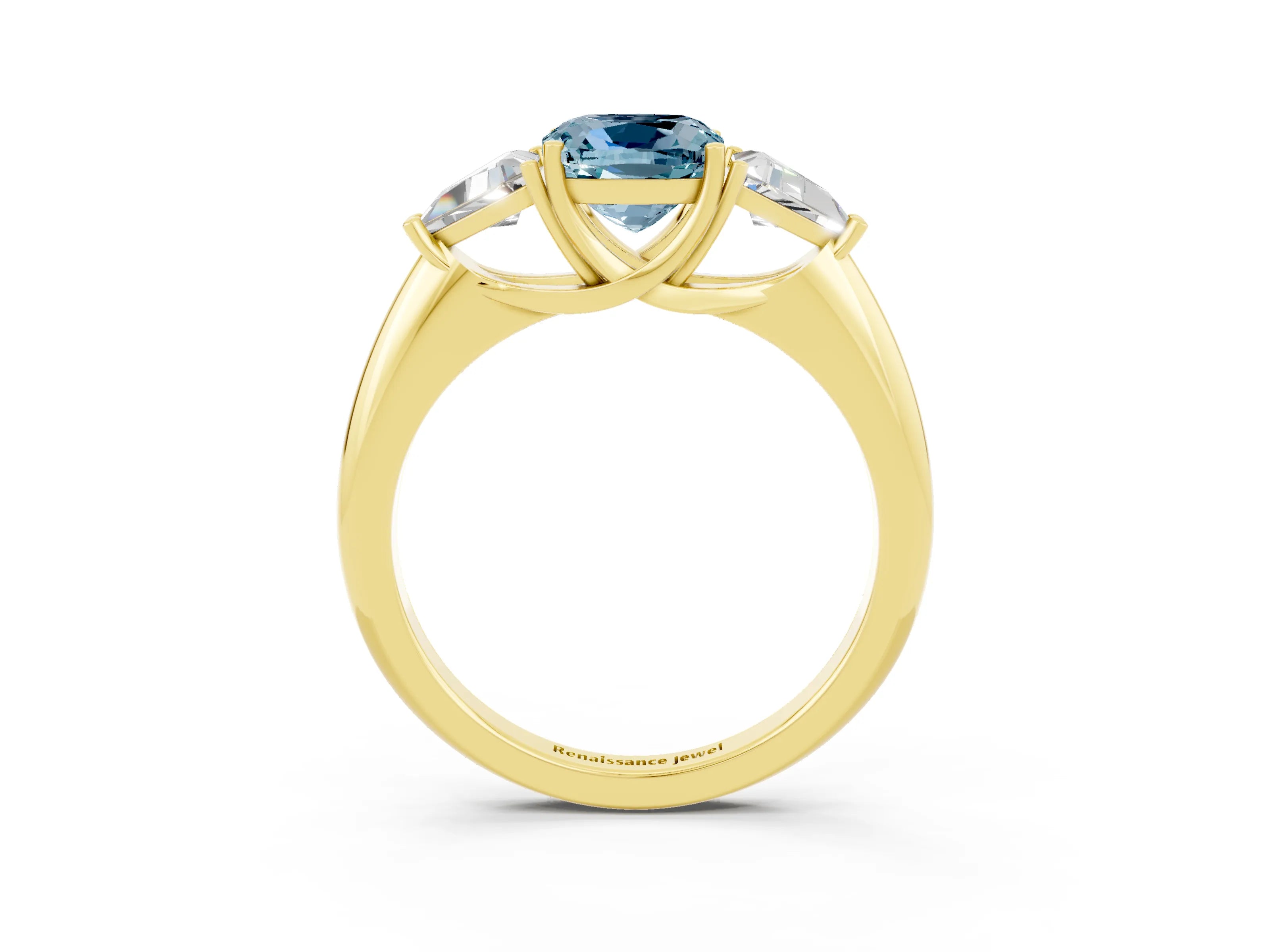 Yellow gold Three-Stone Cushion Cut Cut Diamond Ring with Trillion Side Stones and Four-Prong Setting_3