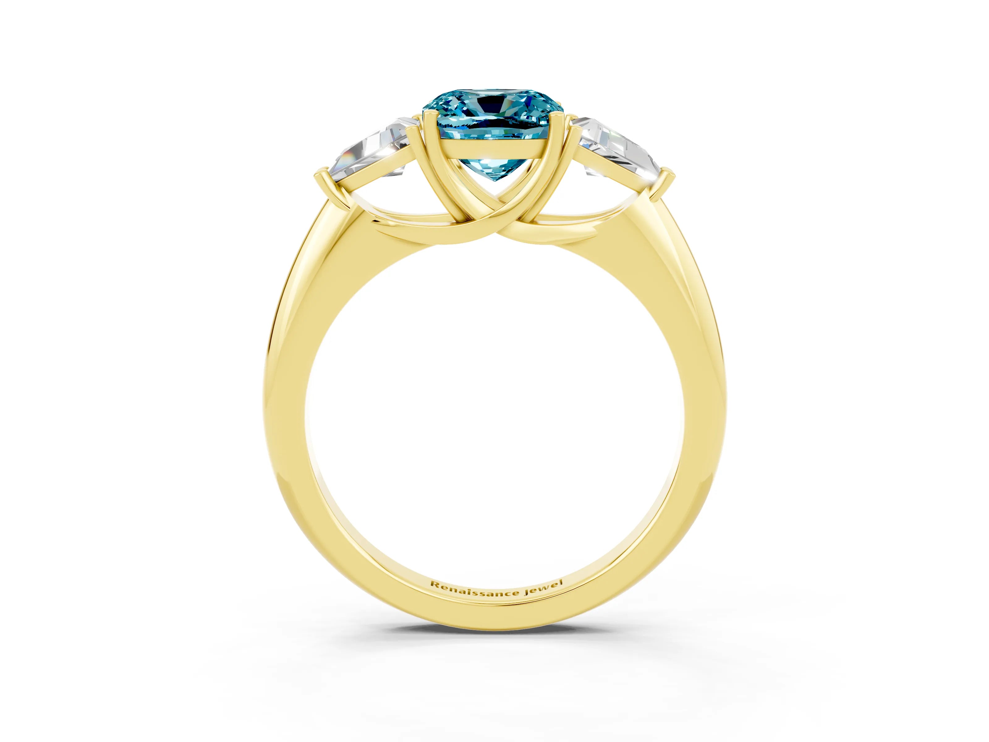 Yellow gold Three-Stone Cushion Cut Cut Diamond Ring with Trillion Side Stones and Four-Prong Setting_3