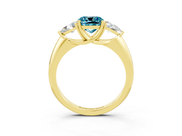 Yellow gold Three-Stone Cushion Cut Cut Diamond Ring with Trillion Side Stones and Four-Prong Setting