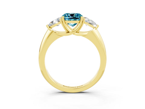 Yellow gold Three-Stone Cushion Cut Cut Diamond Ring with Trillion Side Stones and Four-Prong Setting_3
