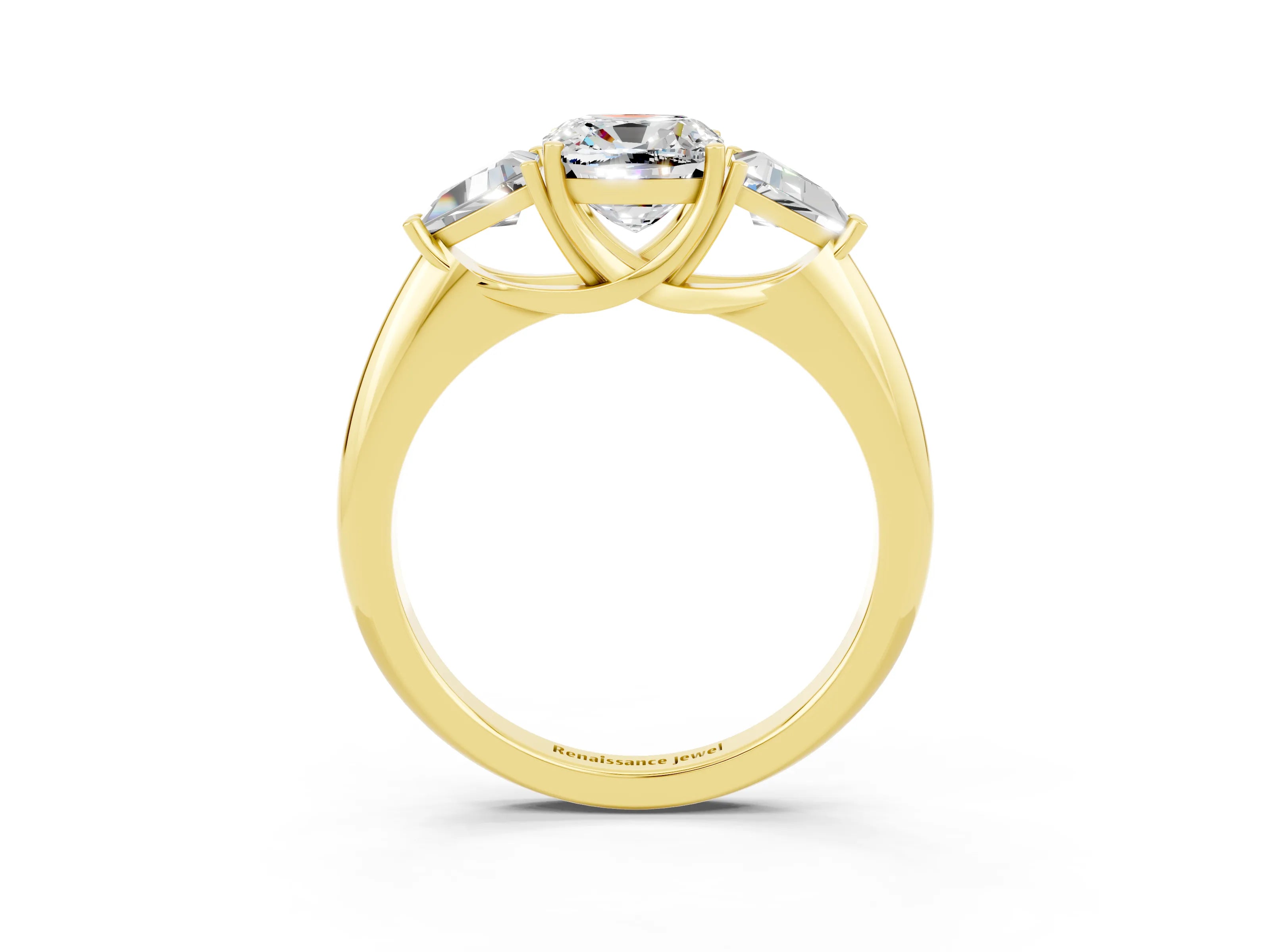 Yellow gold Three-Stone Cushion Cut Cut Diamond Ring with Trillion Side Stones and Four-Prong Setting_3