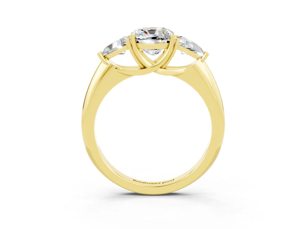 Yellow gold Three-Stone Cushion Cut Moissanite Engagement Ring with Trillion Side Stones and Prong Setting