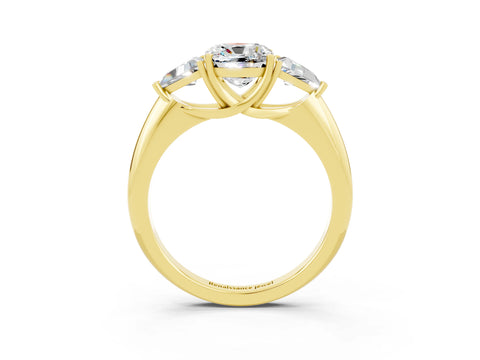 Yellow gold Three-Stone Cushion Cut Cut Diamond Ring with Trillion Side Stones and Four-Prong Setting_3