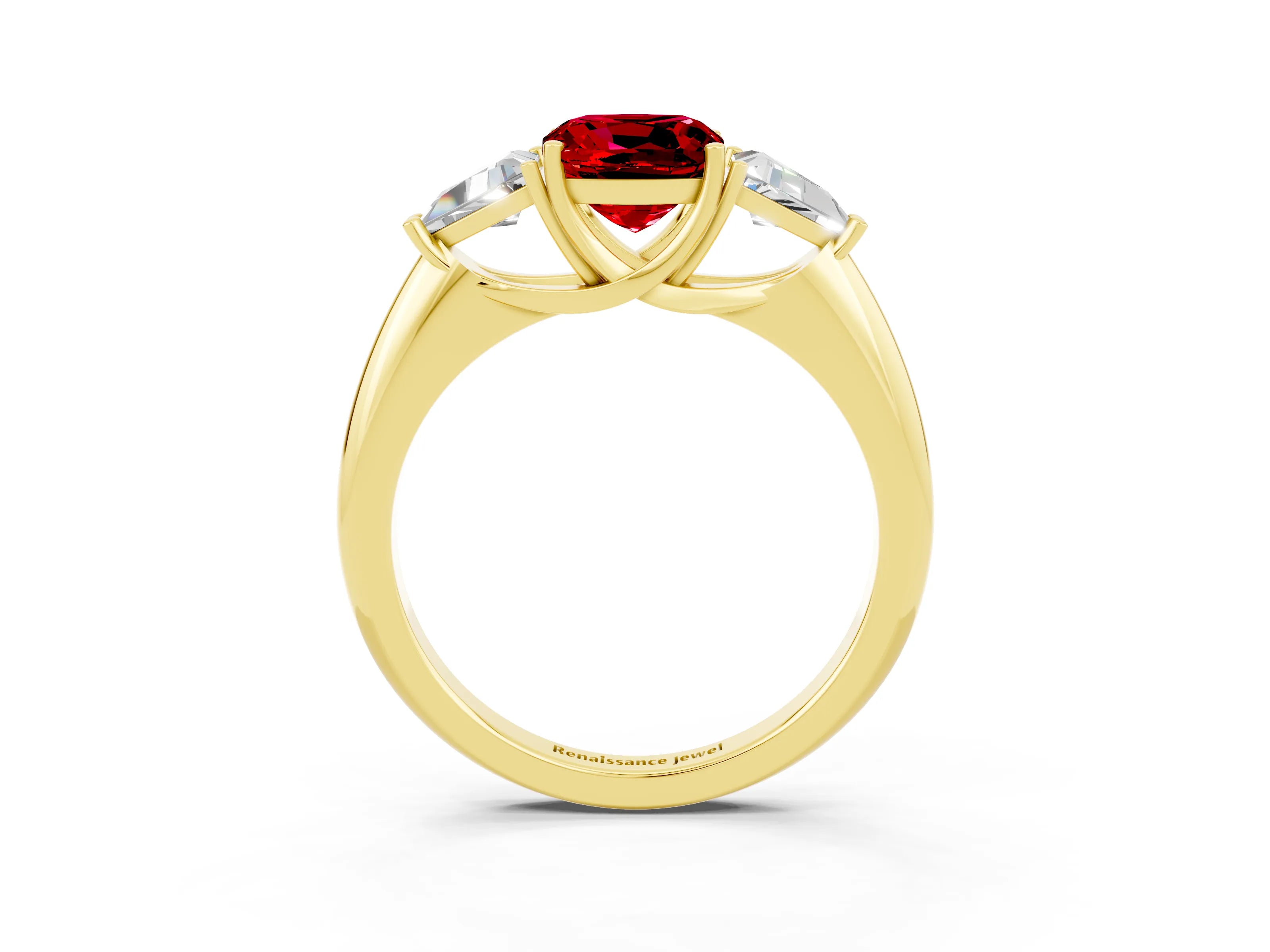Yellow gold Three-Stone Cushion Cut Cut Diamond Ring with Trillion Side Stones and Four-Prong Setting_3
