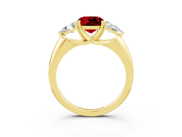 Yellow gold Three-Stone Cushion Cut Cut Diamond Ring with Trillion Side Stones and Four-Prong Setting