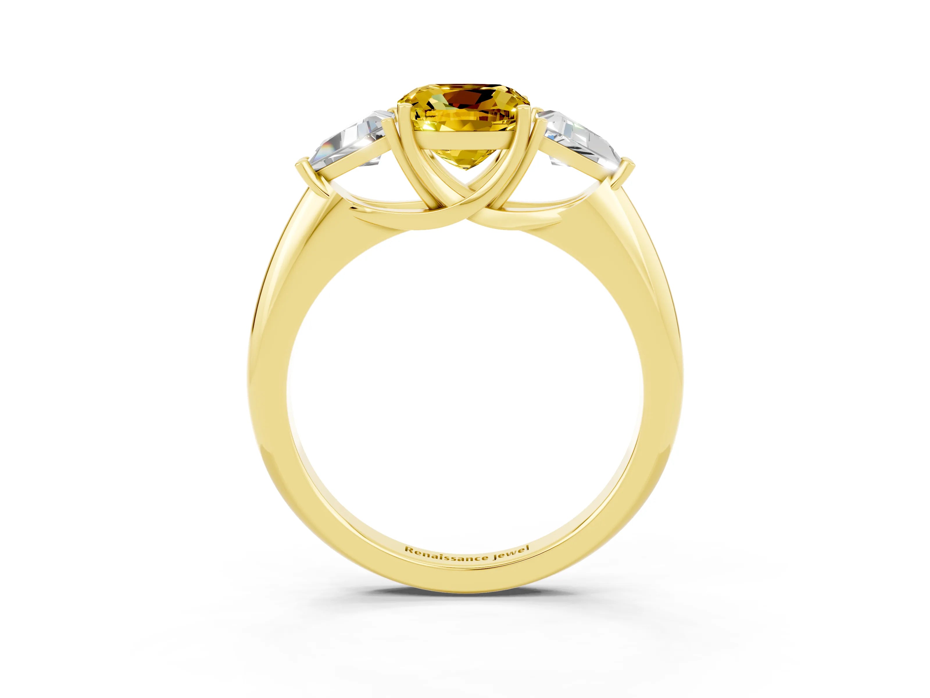 Yellow gold Three-Stone Cushion Cut Cut Diamond Ring with Trillion Side Stones and Four-Prong Setting_3