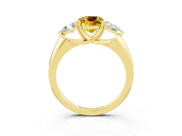 Yellow gold Three-Stone Cushion Cut Yellow Sapphire Engagement Ring with Trillion Side Stones and Prong Setting