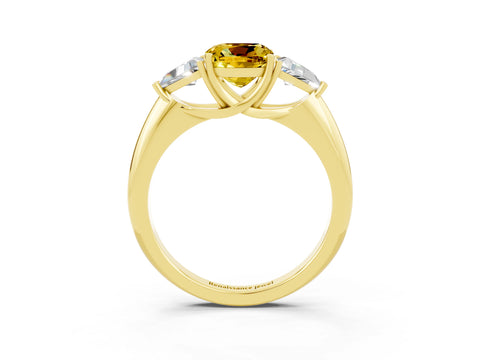 Yellow gold Three-Stone Cushion Cut Cut Diamond Ring with Trillion Side Stones and Four-Prong Setting_3