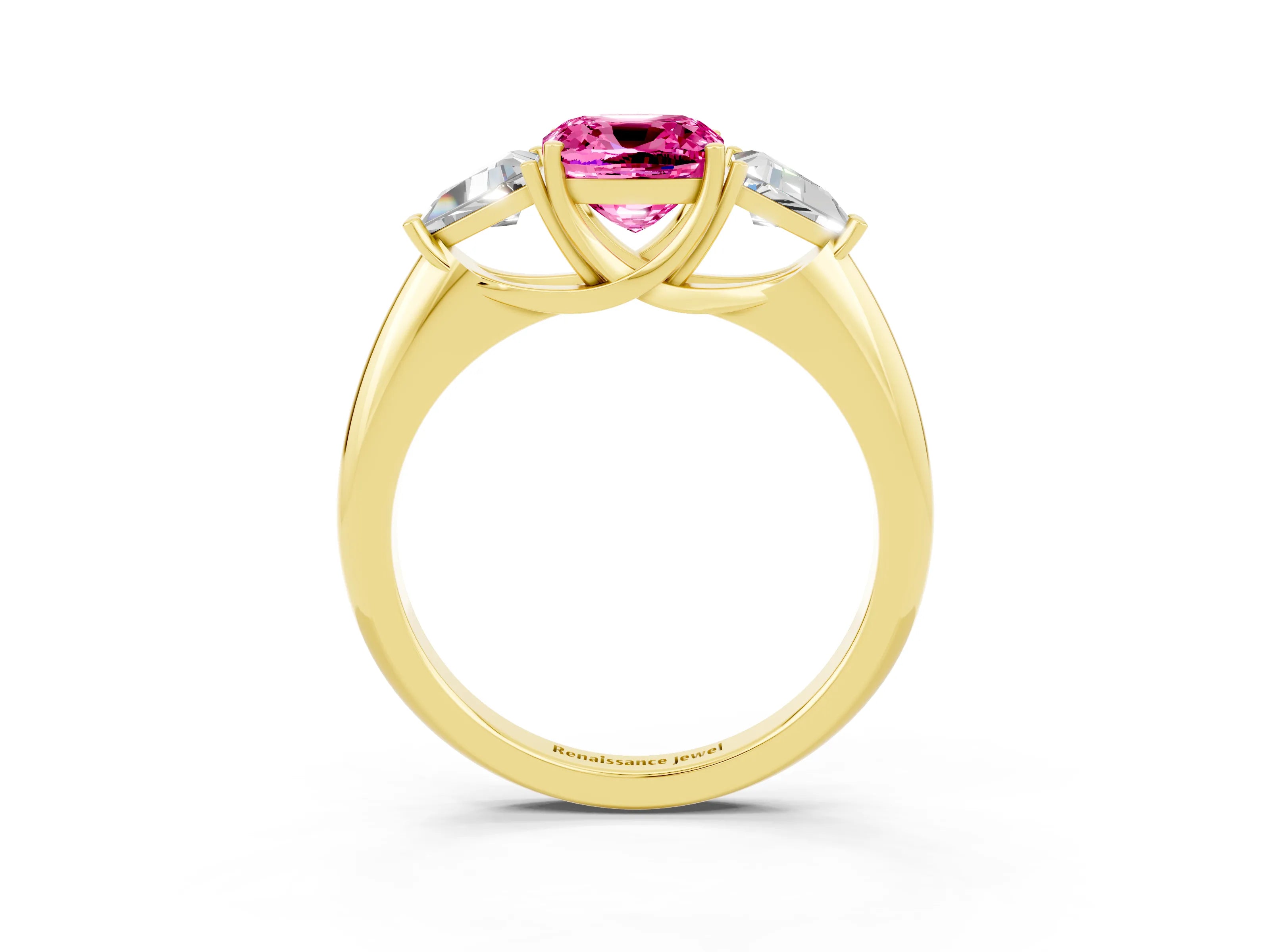 Yellow gold Three-Stone Cushion Cut Cut Diamond Ring with Trillion Side Stones and Four-Prong Setting_3
