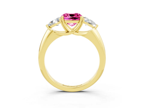Yellow gold Three-Stone Cushion Cut Cut Diamond Ring with Trillion Side Stones and Four-Prong Setting_3