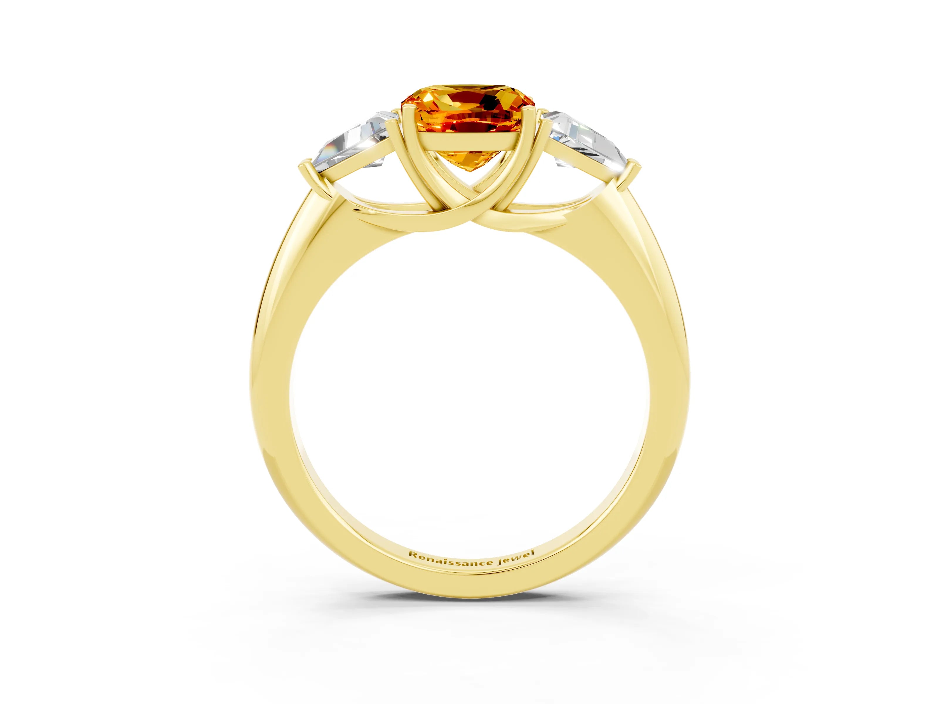 Yellow gold Three-Stone Cushion Cut Cut Diamond Ring with Trillion Side Stones and Four-Prong Setting_3