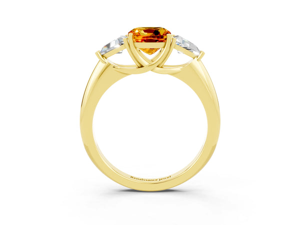 Yellow gold Three-Stone Cushion Cut Citrine Engagement Ring with Trillion Side Stones and Prong Setting