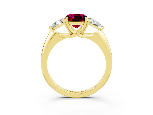Yellow gold Three-Stone Cushion Cut Garnet Engagement Ring with Trillion Side Stones and Prong Setting