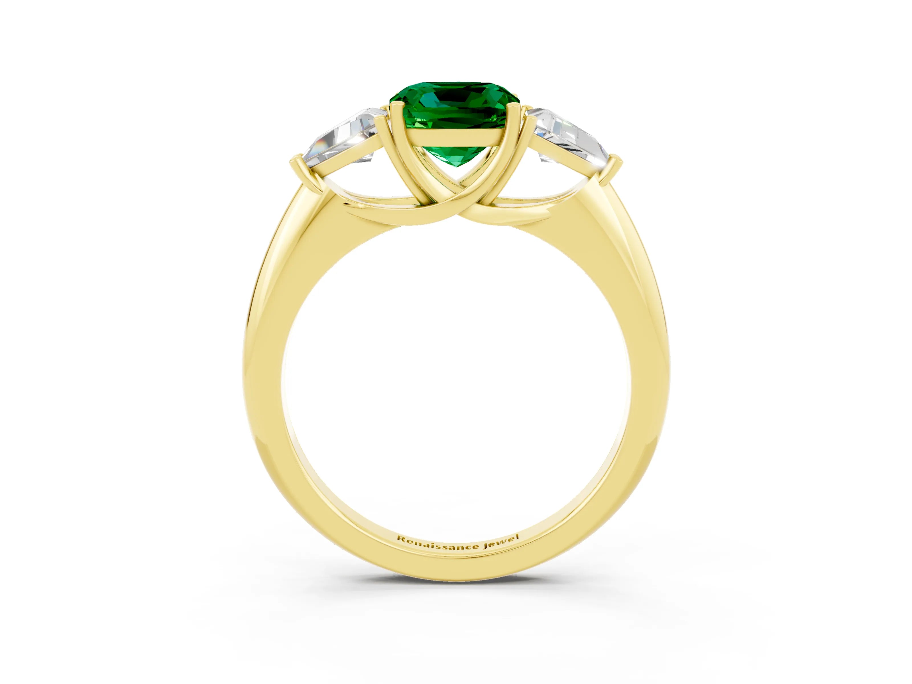 Yellow gold Three-Stone Cushion Cut Cut Diamond Ring with Trillion Side Stones and Four-Prong Setting_3