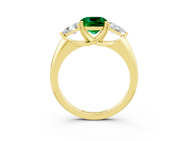 Yellow gold Three-Stone Cushion Cut Emerald Engagement Ring with Trillion Side Stones and Prong Setting