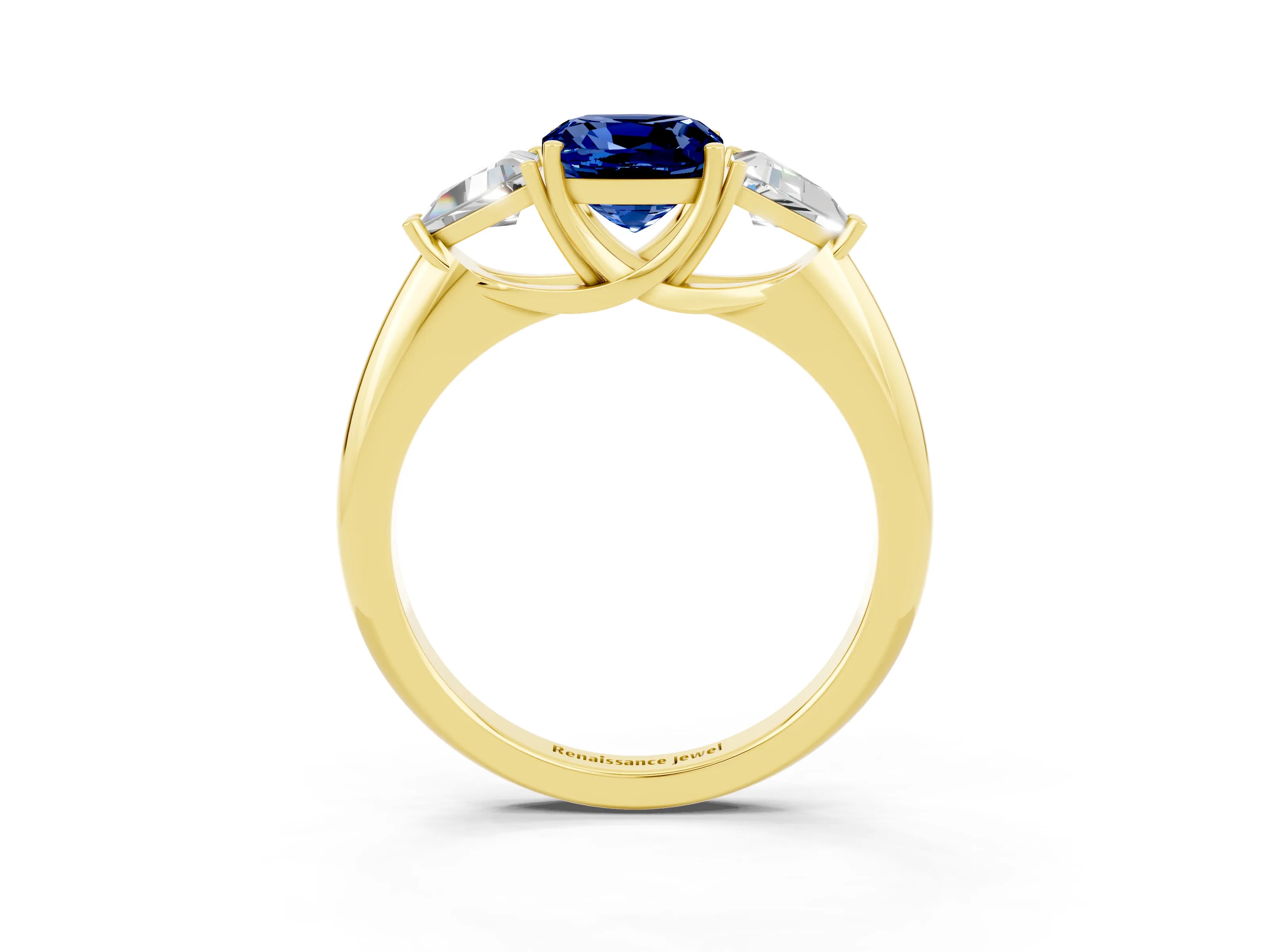 Yellow gold Three-Stone Cushion Cut Cut Diamond Ring with Trillion Side Stones and Four-Prong Setting_3