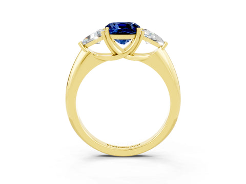 Yellow gold Three-Stone Cushion Cut Cut Diamond Ring with Trillion Side Stones and Four-Prong Setting_3