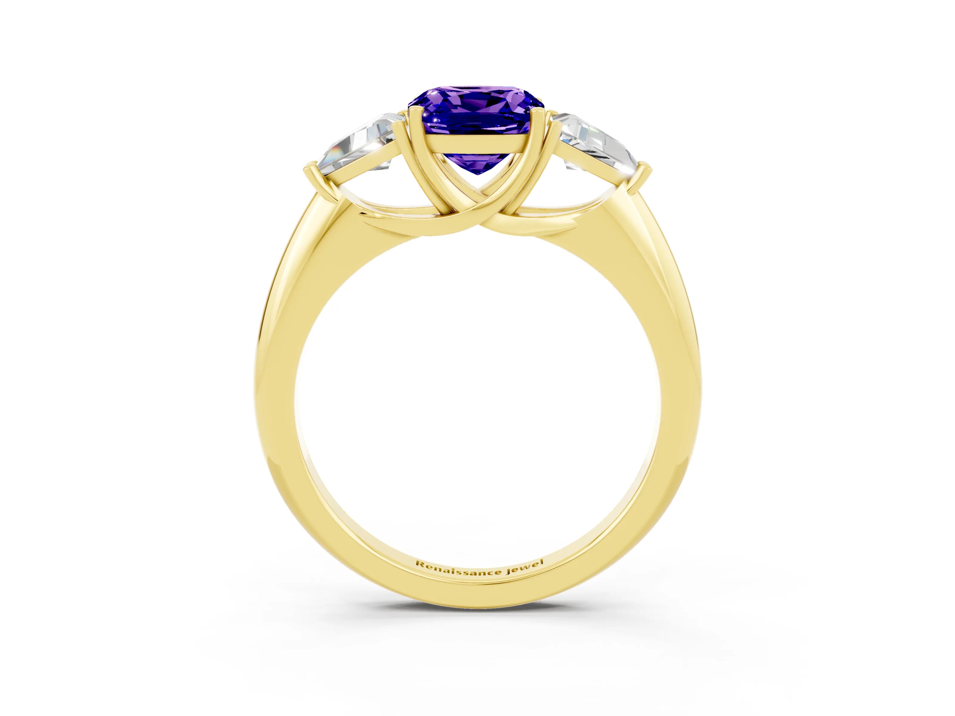 Yellow gold Three-Stone Cushion Cut Cut Diamond Ring with Trillion Side Stones and Four-Prong Setting_3