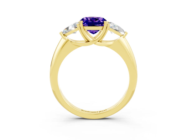 Yellow gold Three-Stone Cushion Cut Tanzanite Engagement Ring with Trillion Side Stones and Prong Setting