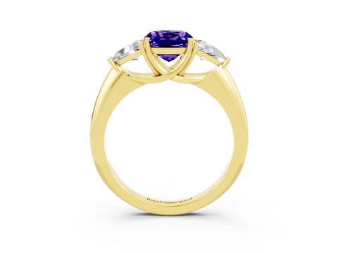 Yellow gold Three-Stone Cushion Cut Cut Diamond Ring with Trillion Side Stones and Four-Prong Setting_3