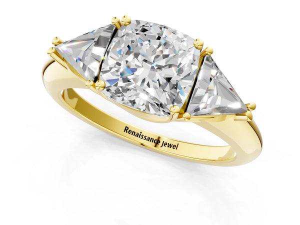 Yellow gold Three-Stone Cushion Cut Cut Diamond Ring with Trillion Side Stones and Four-Prong Setting