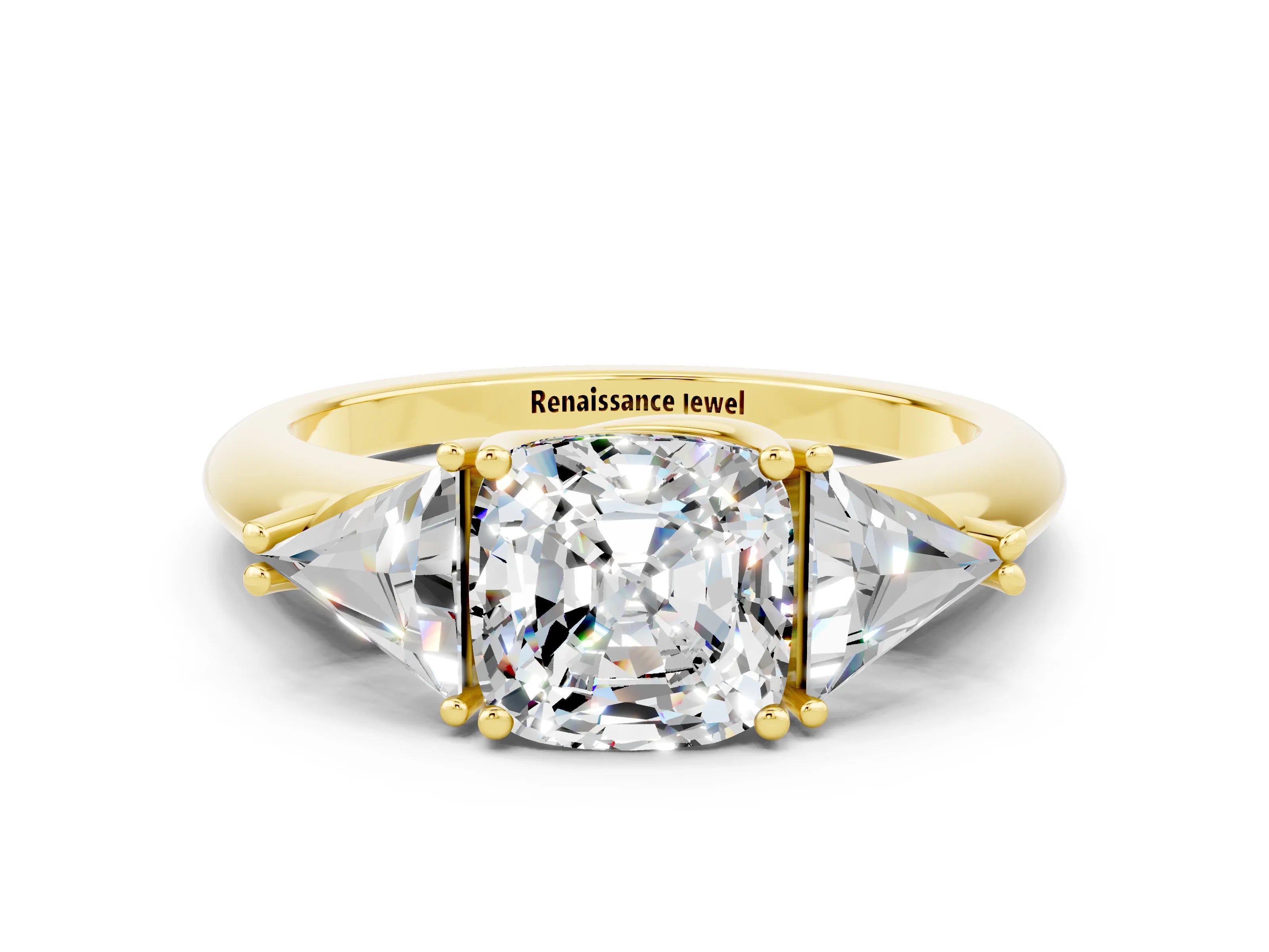 Yellow gold Three-Stone Cushion Cut Cut Diamond Ring with Trillion Side Stones and Four-Prong Setting