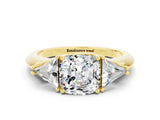 Yellow gold Three-Stone Cushion Cut Cut Diamond Ring with Trillion Side Stones and Four-Prong Setting