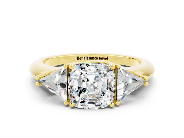 Yellow gold Three-Stone Cushion Cut Moissanite Engagement Ring with Trillion Side Stones and Prong Setting
