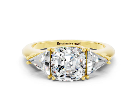 Yellow gold Three-Stone Cushion Cut Cut Diamond Ring with Trillion Side Stones and Four-Prong Setting