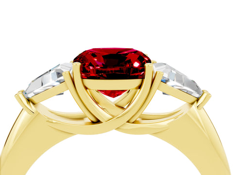 Yellow gold Three-Stone Cushion Cut Cut Diamond Ring with Trillion Side Stones and Four-Prong Setting_4