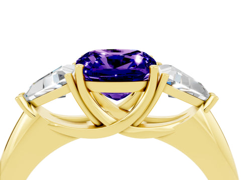 Yellow gold Three-Stone Cushion Cut Cut Diamond Ring with Trillion Side Stones and Four-Prong Setting_4