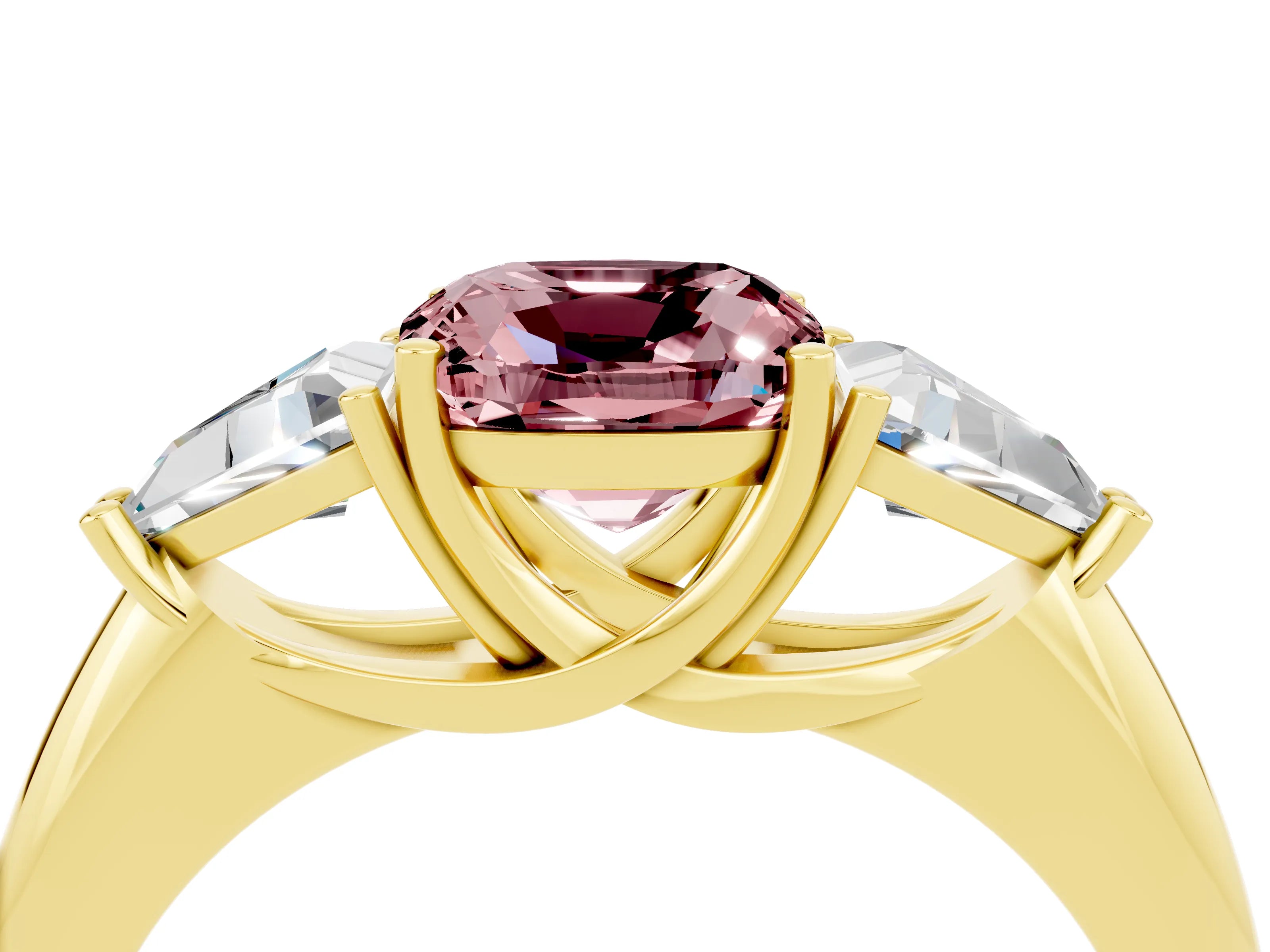 Yellow gold Three-Stone Cushion Cut Cut Diamond Ring with Trillion Side Stones and Four-Prong Setting_4