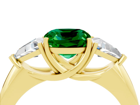 Yellow gold Three-Stone Cushion Cut Cut Diamond Ring with Trillion Side Stones and Four-Prong Setting_4