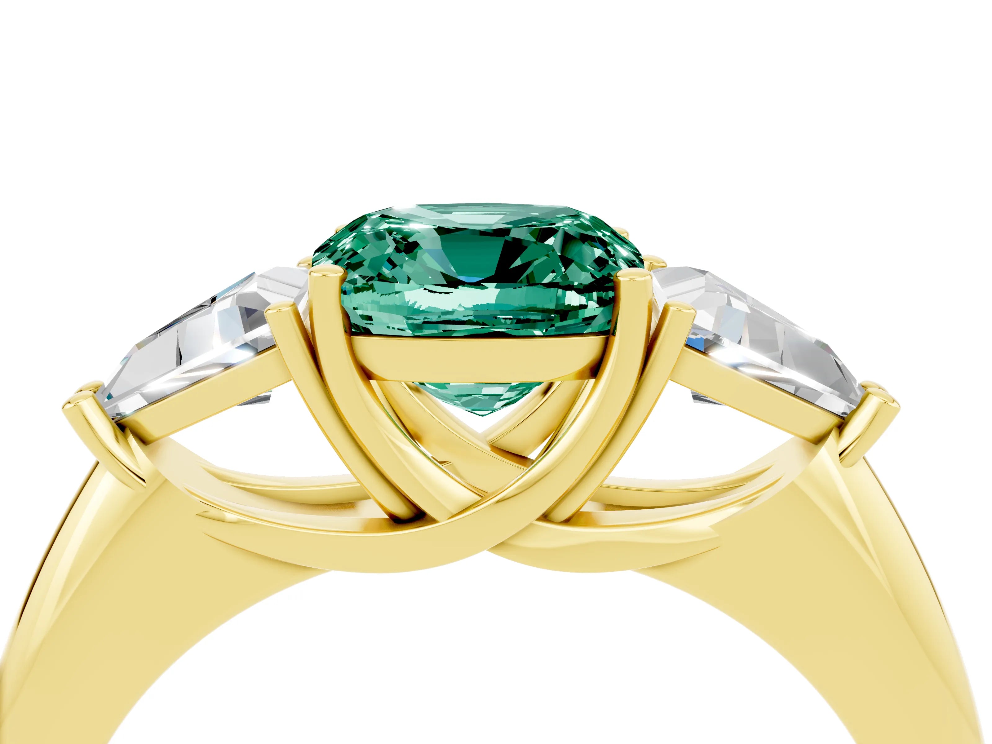 Yellow gold Three-Stone Cushion Cut Cut Diamond Ring with Trillion Side Stones and Four-Prong Setting_4