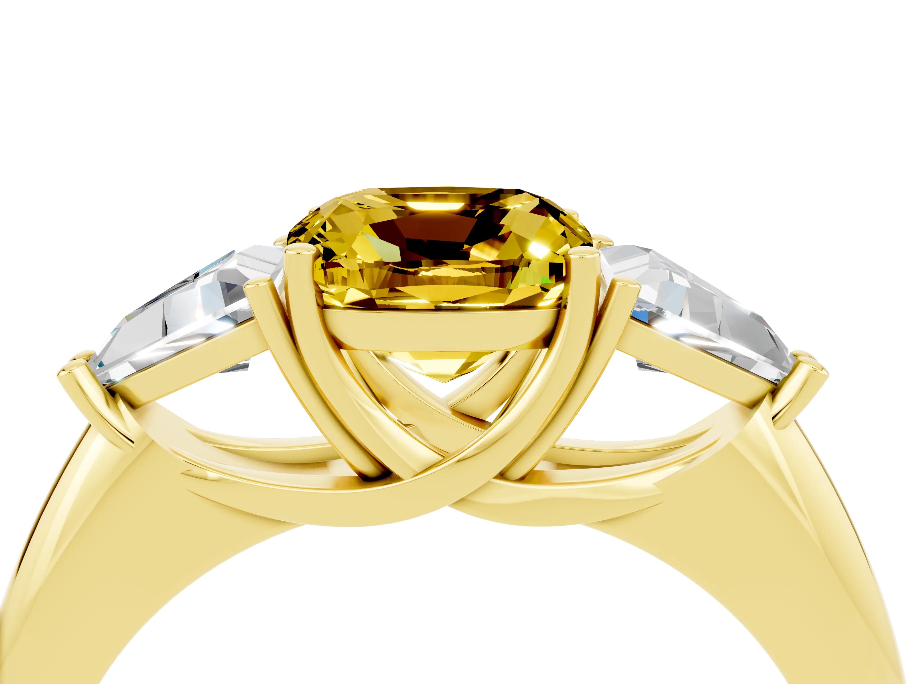 Yellow gold Three-Stone Cushion Cut Cut Diamond Ring with Trillion Side Stones and Four-Prong Setting_4