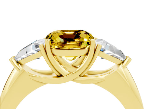 Yellow gold Three-Stone Cushion Cut Cut Diamond Ring with Trillion Side Stones and Four-Prong Setting_4