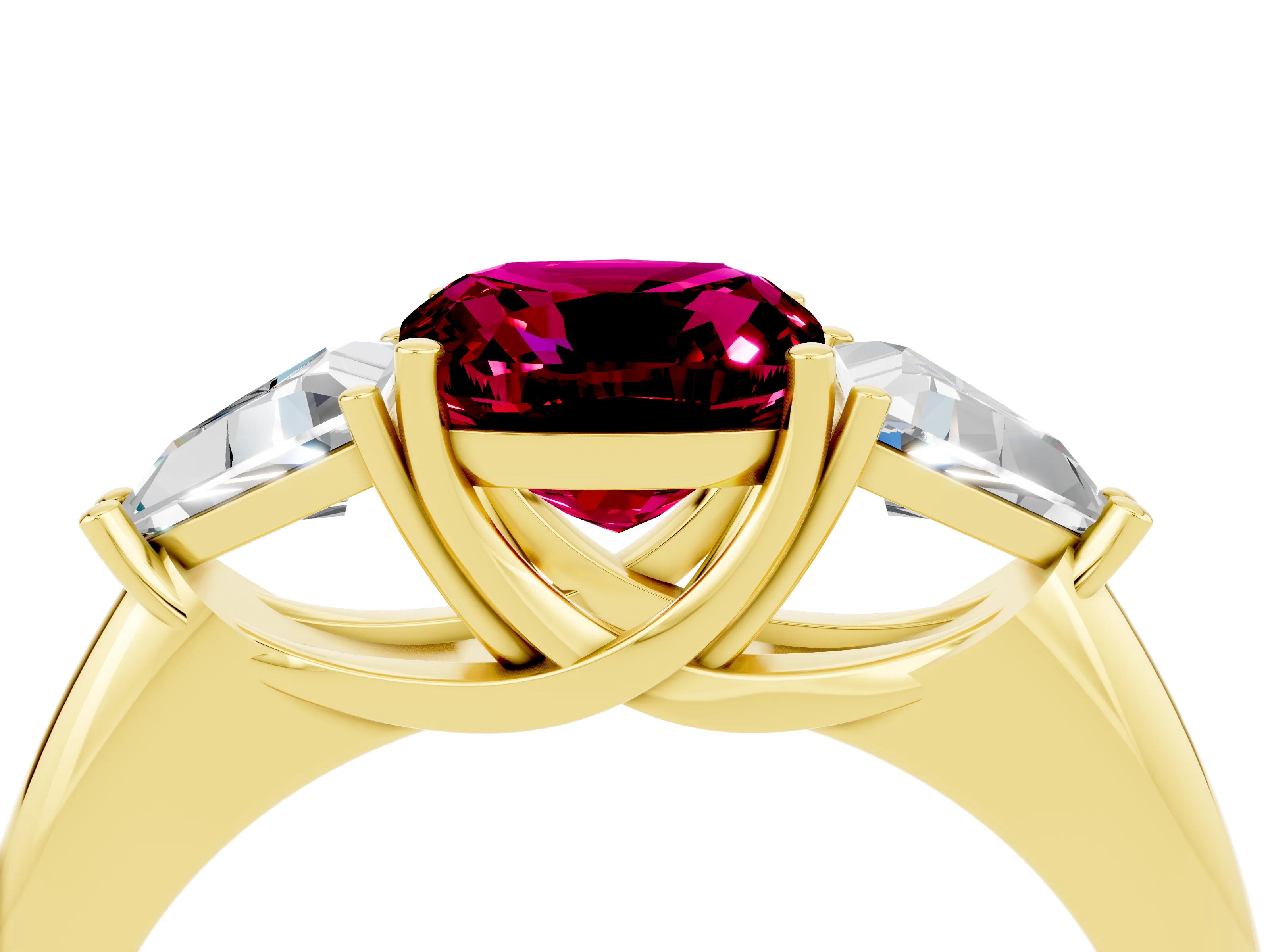 Yellow gold Three-Stone Cushion Cut Cut Diamond Ring with Trillion Side Stones and Four-Prong Setting_4