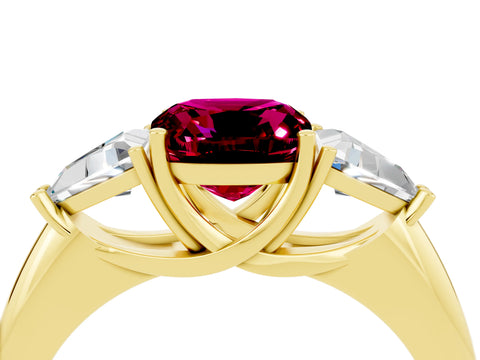 Yellow gold Three-Stone Cushion Cut Cut Diamond Ring with Trillion Side Stones and Four-Prong Setting_4