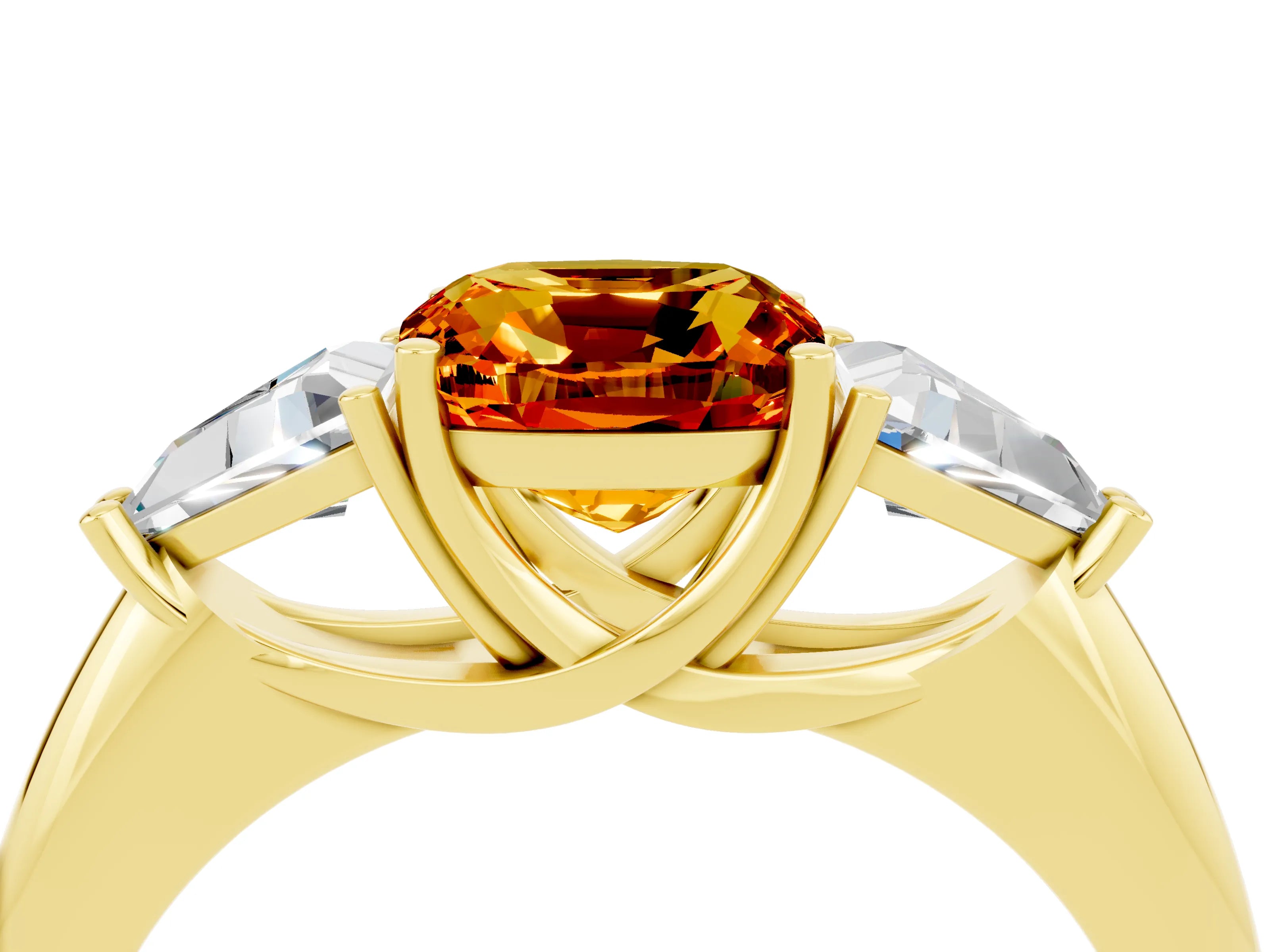 Yellow gold Three-Stone Cushion Cut Cut Diamond Ring with Trillion Side Stones and Four-Prong Setting_4