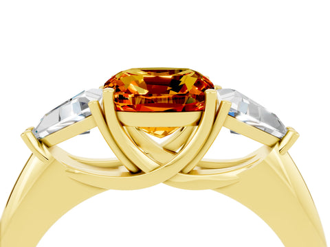 Yellow gold Three-Stone Cushion Cut Cut Diamond Ring with Trillion Side Stones and Four-Prong Setting_4