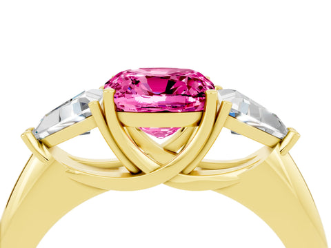 Yellow gold Three-Stone Cushion Cut Cut Diamond Ring with Trillion Side Stones and Four-Prong Setting_4