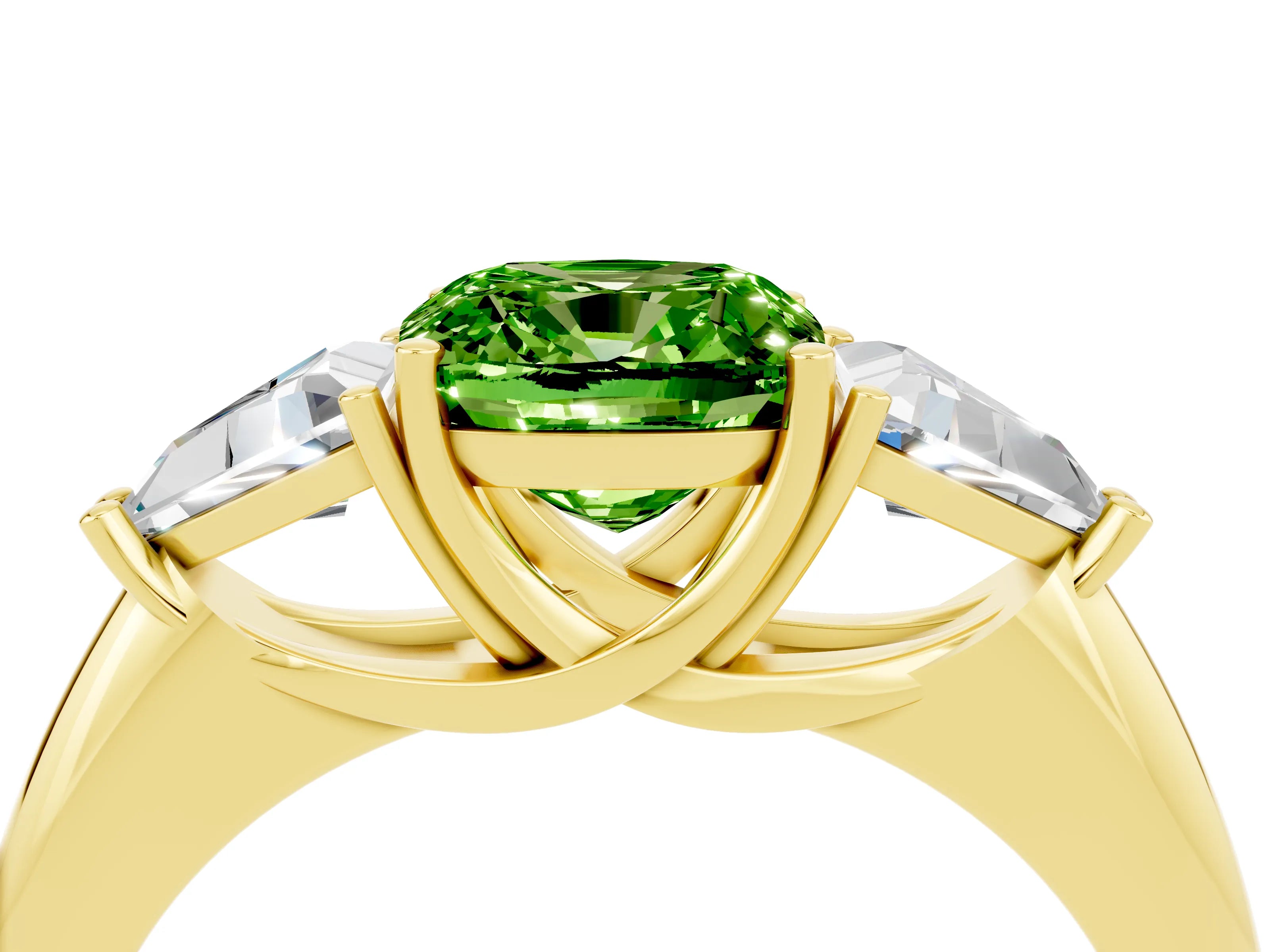 Yellow gold Three-Stone Cushion Cut Cut Diamond Ring with Trillion Side Stones and Four-Prong Setting_4